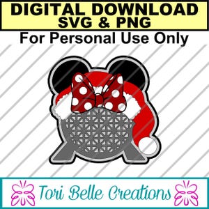 May include: Digital download SVG and PNG file featuring a Minnie Mouse-inspired design with a red bow with white polka dots, a red Santa hat, and a gray geometric shape. Text reads "For Personal Use Only."