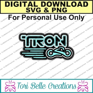 May include: Digital download of a black and blue Tron logo with a light cycle. The logo says "TRON" in a bold, black font with a blue outline. The light cycle is a stylized, blue and black design with a black outline. The background is white.