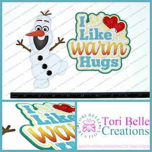 May include: A paper craft featuring Olaf, the snowman from the movie Frozen, with the text "I Like Warm Hugs". The craft is decorated with hearts, snowflakes, and a yellow background.