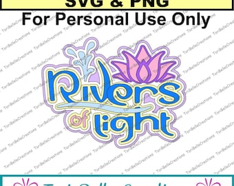 Puede incluir: Una descarga digital de un diseño gráfico colorido con el texto "River's of Light", una ola de agua azul, una flor rosa y un contorno amarillo. El diseño es solo para uso personal.