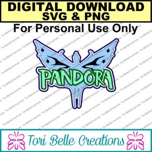 May include: A blue and green digital download design featuring a stylized bird with wings spread and the word "PANDORA" in a bold, green font.
