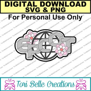 May include: A digital download design featuring the word "SPOT" in black outlined letters with a gray fill. The letters are surrounded by a black outlined globe with a gray fill. Pink flowers with white centers and black outlines are scattered around the letters and globe. The text "DIGITAL DOWNLOAD SVG & PNG" is at the top of the design in yellow letters on a white background. The text "For Personal Use Only" is below the design in black letters on a white background. The text "Tori Belle Creations" is at the bottom of the design in black letters on a turquoise background with pink butterfly accents.
