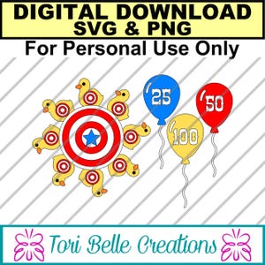 Pode incluir: Download digital de arquivos SVG e PNG com um alvo central vermelho, branco e azul cercado por oito patos de borracha amarelos com marcas de alvo. Três balões nas cores azul, vermelho e amarelo exibem os números 25, 50 e 100.