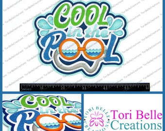 Puede incluir: Una manualidad de papel azul, verde y naranja con el texto "Cool in the Pool" y un par de gafas. La manualidad mide aproximadamente 10 cm de ancho.