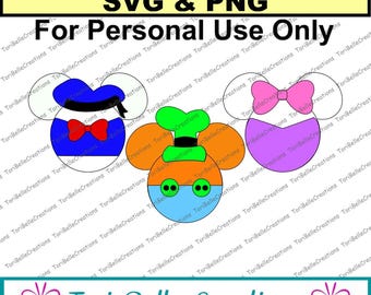 May include: Three cartoon character SVG cut files. The characters are Mickey Mouse, Donald Duck, and Goofy. Each character is wearing their signature clothing and has a different coloured hat. The characters are in a circle shape with their ears sticking out. The text "Tori Belle Creations" is at the bottom of the image.