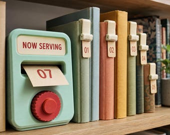 May include: A light green plastic ticket dispenser with a red dial and a paper ticket showing the number 07, labeled NOW SERVING. Beside it are several books, each featuring a cream-colored clip with a numbered tag from 01 to 05.