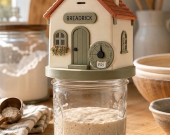 May include: A sourdough starter jar lid shaped like a small house with a terracotta-colored roof, cream walls, and green accents. The house features a sign reading BREADRICK, a green door, and a circular day-of-the-week tracker set to FRI.