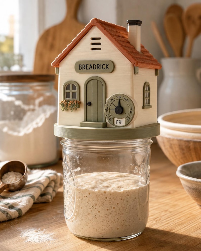 K&ouml;nnte beinhalten: Ein Sauerteig-Starter-Glasdeckel in Form eines kleinen Hauses mit terrakottafarbenem Dach, cremefarbenen W&auml;nden und gr&uuml;nen Akzenten. Das Haus hat ein Schild mit der Aufschrift BREADRICK, eine gr&uuml;ne T&uuml;r und einen Wochentagsanzeiger auf FRI.