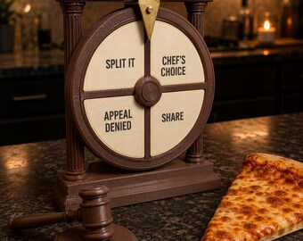 May include: A brown 3D-printed decision wheel shaped like a courthouse with a gavel icon and the text COURT IS IN SESSION. The wheel features four sections labeled SPLIT IT, CHEF'S CHOICE, APPEAL DENIED, and SHARE. A matching brown gavel sits nearby.