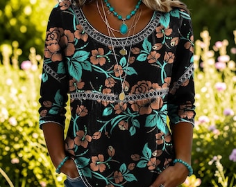 Women's Boho Floral Blouse – Western Printed Tunic Top, Loose Relaxed Fit Summer Shirt, Vintage Casual Everyday Women's Clothing