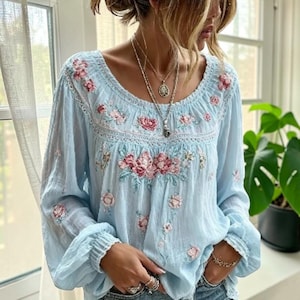 Boho Floral Blouse for Women, Cottagecore Peasant Top, Loose Fit Long Sleeve Shirt, Romantic Casual Tunic, Vintage Inspired Clothing