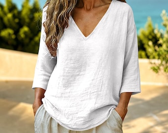 Oversized Linen Blouse for Women – V Neck Slub Tunic Top, Flowy Boho Summer Shirt, Relaxed Minimalist Lounge Wear, One Size