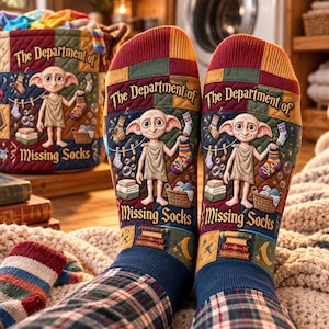 May include: A pair of socks featuring a patchwork design with the text The Department of Missing Socks and a character holding a striped sock labeled Lucas. The socks include illustrations of laundry baskets, stacks of folded towels, and books.