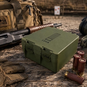 May include: An olive green plastic ammunition storage box with a black graphic of a shotgun shell and the text 12GA printed on the lid. The box features two latch closures on the front, each embossed with the text 12GA, and a smooth, rectangular design.