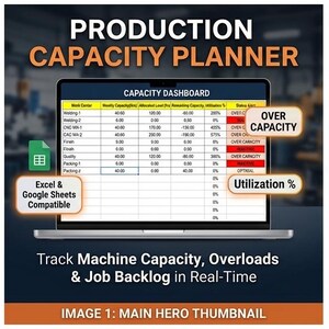 Peut inclure: Un modèle numérique de planificateur de capacité de production pour Excel et Google Sheets. L'interface affiche un tableau de bord avec des données sur les centres de travail, des pourcentages d'utilisation et des alertes de statut. Il comprend des étapes de flux de travail, des tableaux de planification des tâches et une liste de fichiers téléchargeables incluant un modèle maître, des données d'exemple et un guide utilisateur PDF.
