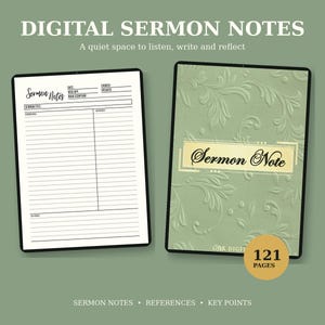 May include: Digital sermon notes planner featuring a sage green cover with embossed floral patterns and a white interior page with fields for date, church, speaker, main scripture, sermon title, notes, references, and key points, totaling 121 pages.