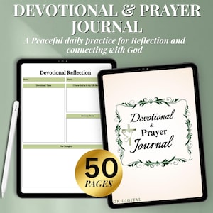 May include: Two tablets displaying a digital Devotional & Prayer Journal with 50 pages. One screen shows a Devotional Reflection template with sections for verse, date, and thoughts. The other shows a title page with a cross, dove, and green border.