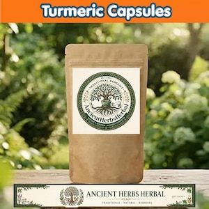 Könnte beinhalten: Ein brauner Papierbeutel mit der Aufschrift Turmeric Capsules und einem kreisförmigen Logo mit Baum sowie Mörser und Stößel. Der Text lautet Ancient Herbs Herbal, Traditional Remedies, Est. 2023 und Nature's Wisdom Ancient Remedies.