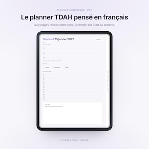 Planner digital TDAH 2027 en français, agenda numérique iPad et Android, adulte neuroatypique, lilas, 449 pages hyperliées, Brume