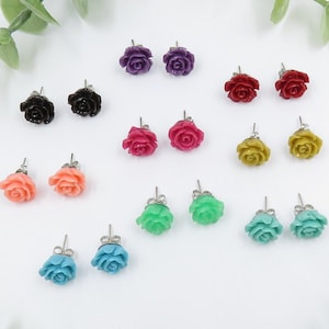 Mehrfarbige RosenSilber Ohrstecker [Schwarz/Rosa/Grün/Blau/Rot/Gelb/Lila] Niedliche Ohrringe, schlichte Ohrringe, Rosenohrringe