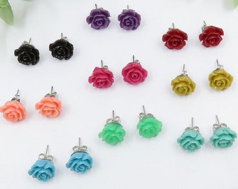 Multi Colored Rose Silver Tone Push Back Stud Earrings [Black/Pink/Green/Blue/Red/Yellow/Purple] Cute Earring, Simple Earring, Rose Earring