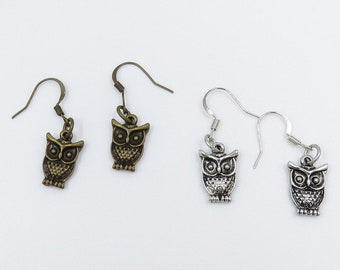 Antique Brass/Silver Tone Owl Simple Drop/Dangle Earrings - Cute Earring, Simple Earring, Owl Earring, Owl Jewelry, Silver Owl, Antique Owl