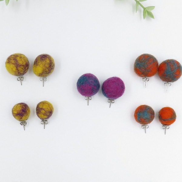 Multi Colored Felted Ball Silver Tone Stud Earrings Orange/Teal Purple/Navy Yellow/Purple - Simple Earring, Felt Earring, Gift Ideas