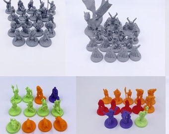 Puede incluir: Una colección de figuras en miniatura de varios colores, incluyendo gris, verde, naranja, rojo y morado. Las figuras parecen ser personajes de fantasía, posiblemente para un juego de mesa. La imagen está dispuesta en un patrón de cuadrícula.