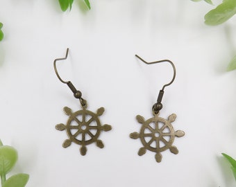 Captain's Wheel Inspired Antique Bronze Dangle Earrings - Ship Wheel, Nautical Earring, Pirate Earring, Sailor Jewelry, Simple Earring