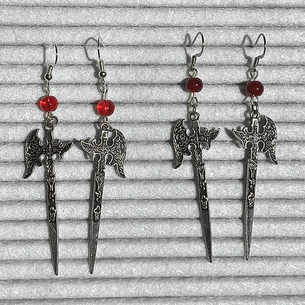 Silver Scythe Dangle Earrings w/Red Bead - slayer earring, hero jewelry, weapon jewelry, chosen one jewelry