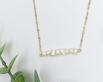 17 » Réglable Gold Tone Necklace w/White Freshwater Pearl Bead Bar Pendant - Collier de perles, Collier de perles d’eau douce, Collier réglable