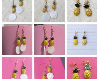 Green/Gold Tone Pineapple & Round White Shell Bead Dangle and Push Back Stud Earrings - Pineapple Earring, Pineapple Jewelry, Cute Earring