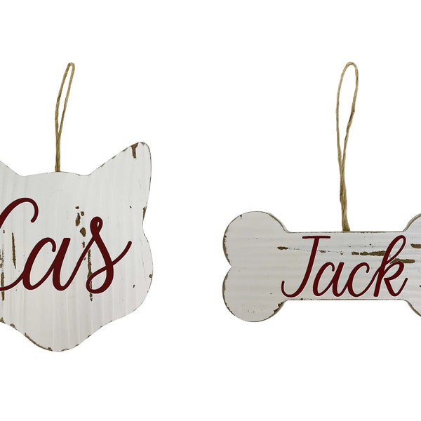 5" Antique White Wooden Cat/Dog Christmas Ornaments w/Custom Vinyl Decal Name