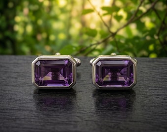 Manschettknappar med lila ametist och åttkant, 925 sterlingsilver, födelsesten i februari, bröllopspresent till män