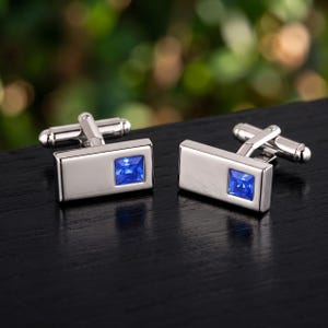 Sterling Silver Blue Sapphire Rectangular Cufflinks, Modern Formal Men's Jewelry