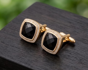 Gemelos con halo de moissanita y ónix negro, plata de ley 925, regalo de boda para novio.