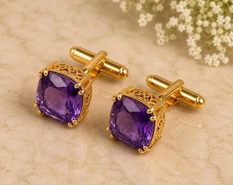 Gemelos de amatista, plata de ley 925, gema púrpura, joyería formal para bodas de hombre.