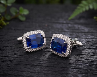 Gemelos con halo de zafiro azul talla cojín, plata de ley 925, regalo de boda para hombre con moissanita
