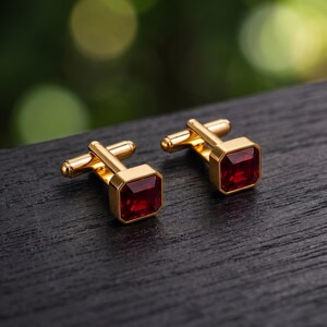 Könnte beinhalten: Ein Paar goldfarbene Manschettenknöpfe mit quadratischen, tiefroten facettierten Steinen in einem polierten Metallrahmen. Jeder Manschettenknopf verfügt über einen klappbaren T-Steg-Verschluss auf der Rückseite zur Befestigung an Hemdärmeln.