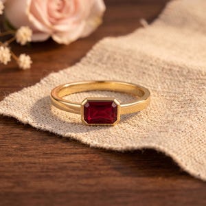 East-West Emerald Cut Ruby Solitaire Ring, Gold Finish Sterling Silver Minimalist Band