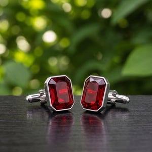 Puede incluir: Un par de gemelos de tono plateado con piedras rectangulares facetadas de color rojo intenso engastadas en un marco de metal pulido. Los gemelos cuentan con un mecanismo de cierre de barra giratoria en la parte posterior para las camisas.