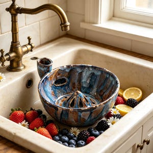 手作りセラミック製回転式ベリーボウル｜水力式フルーツリンサー、自動排水式野菜水切り器、実用的なキッチンガジェット、ホステスギフト