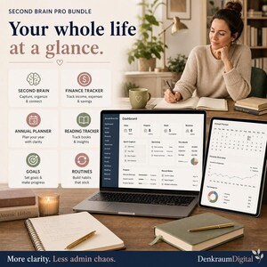 Paquete Notion Second Brain PRO | Rastreador de finanzas, planificador anual y registro de lectura