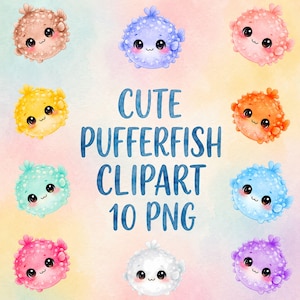 Puede incluir: Una colección de diez ilustraciones de peces globo estilo acuarela en varios colores, incluyendo marrón, azul, rosa, amarillo, naranja, turquesa y morado. Cada pez globo tiene grandes ojos negros y una boca pequeña. El texto dice CUTE PUFFERFISH CLIPART 10 PNG.