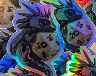 D20 dragon sticker | 3" Holographic stickers of little dragons hugging D20 dice