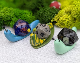 D20 Snails | cute little polymer clay snails with D20 shaped shells.  Choose your color!