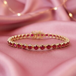 Red Ruby Tennis Bracelet , 14K Yellow Gold Plated Oval Cut Bracelet , Birthstone Bracelet , 925 Sterling Silver , Elegant Tennis Bracelet .