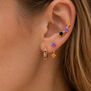 Halloween Earrings,Spooky Ear Stack,Purple Orange Black CZ Huggie Hoops & Stud Earrings,Colorful Gold Tone Jewelry,Gift for Her