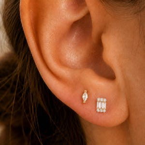 925 Sterling Silver CZ Stud Earrings,Tiny Baguette or Marquise Studs,Dainty Minimalist Ear Stack Jewelry,Gold Silver Gift for Her