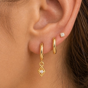 Gold Mismatched Earring Set,3 Piece CZ Stud and Huggie Hoops,Dainty Ear Stack Jewelry,Minimalist Earrings,Bridesmaid Gift for Her